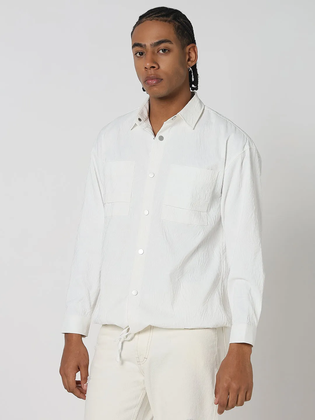 Versatile Look Fashion Ready Men's Solid White Shacket