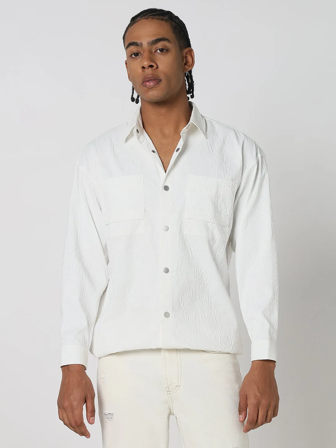 Men's Solid White Shacket Bright and Bold