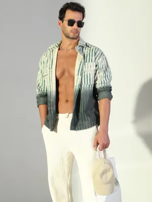 Men's Striped Ombre Green Shacket SunProtectionFabric Heather Texture Finish