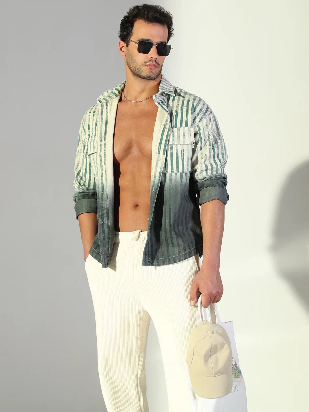 Men's Striped Ombre Green Shacket SunProtectionFabric Heather Texture Finish