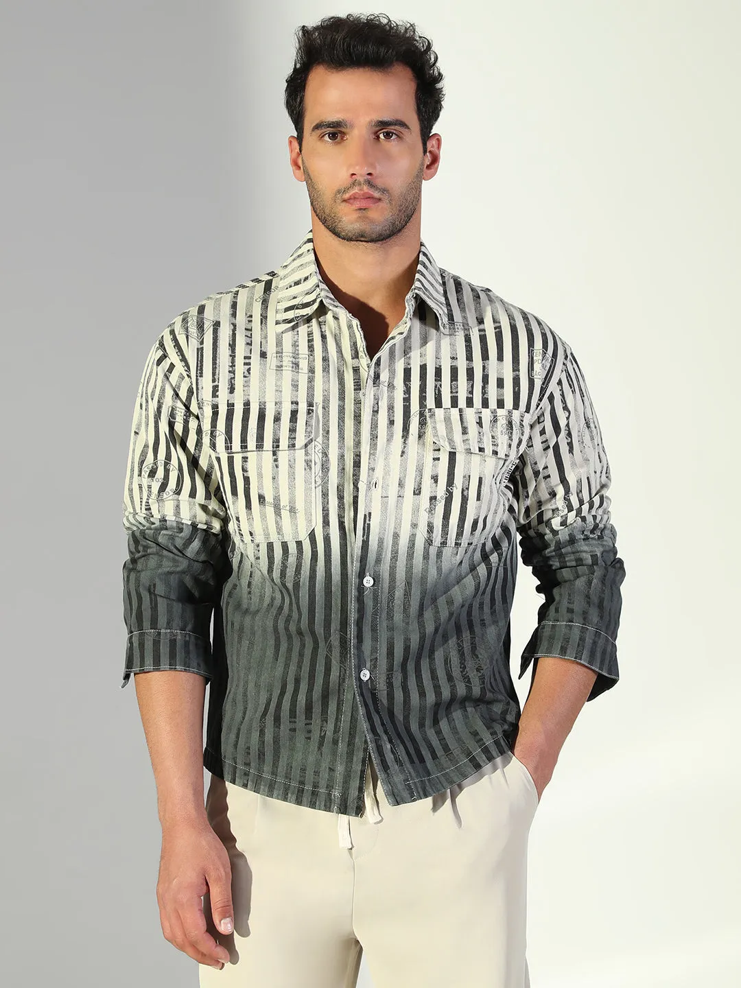 Chilly Weather Style Men's Striped Ombre Grey Shacket