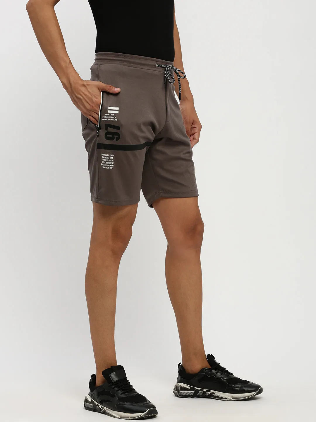Men's Taupe Typography Printed Mid Rise Cotton Sports Shorts Casual Active Breezy Design