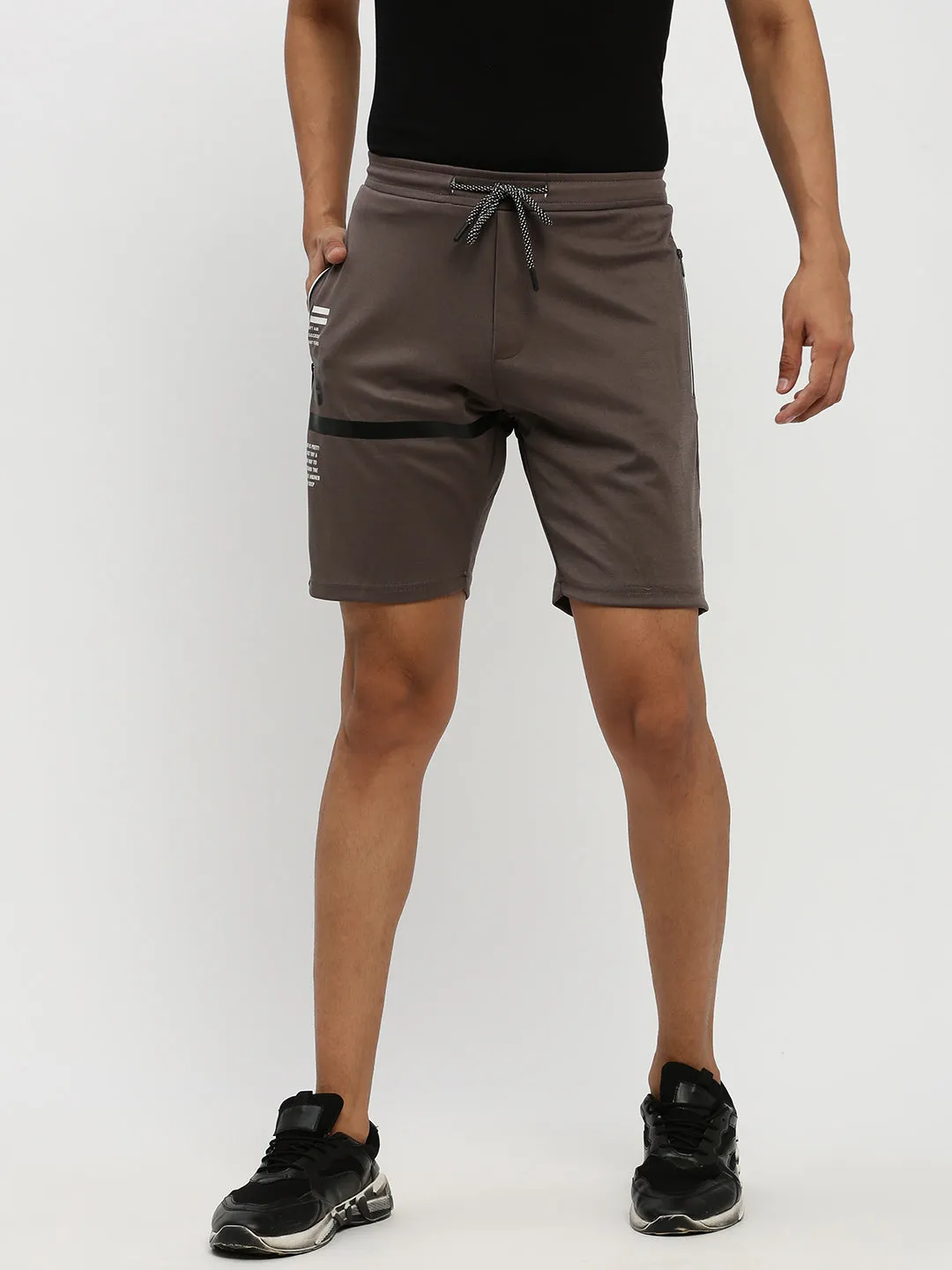 Ventilated Mesh Panels Polyester shorts Men's Taupe Typography Printed Mid Rise Cotton Sports Shorts