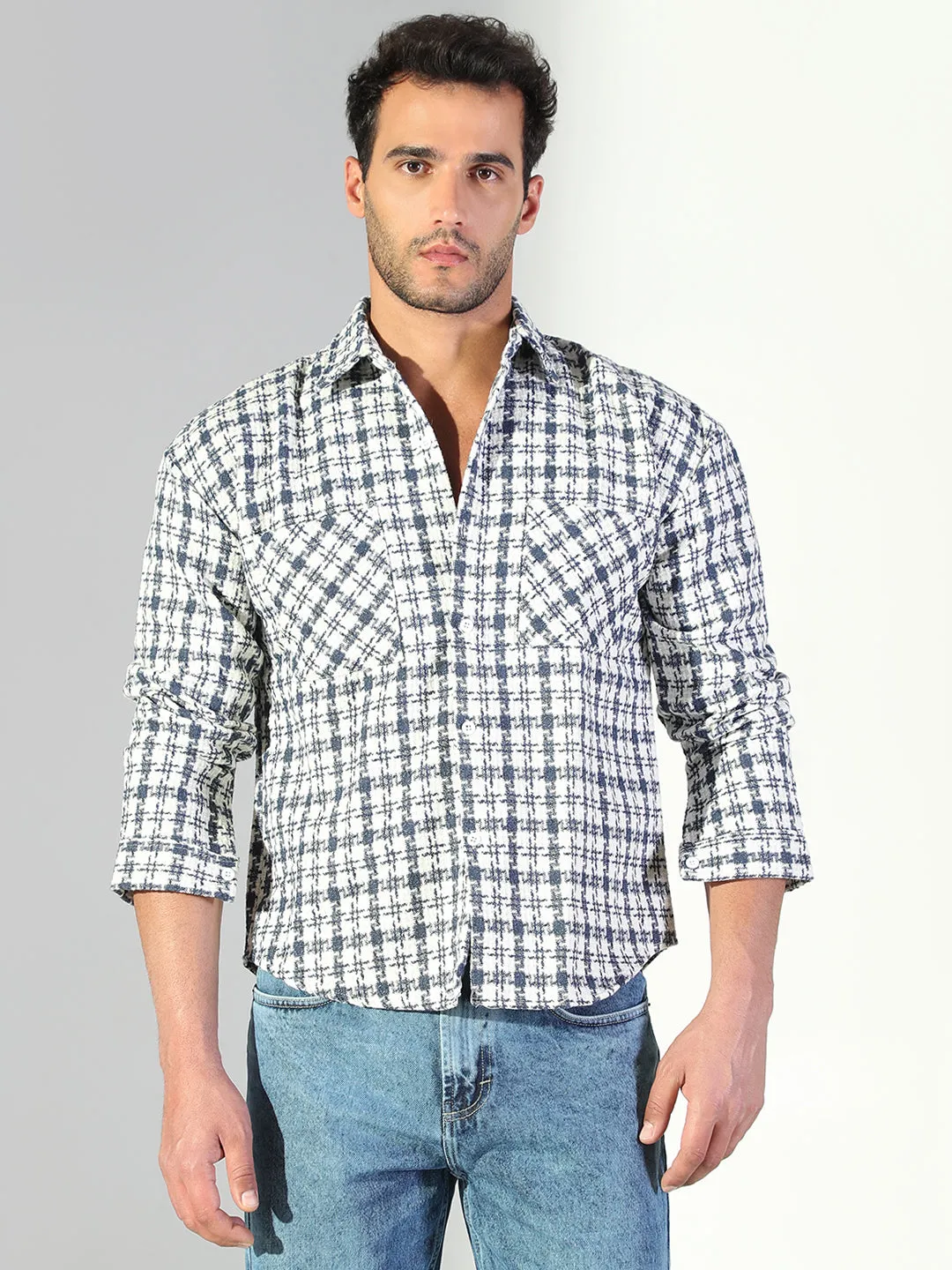 Classic Style Trend Light Layer Men's Textured Checked Blue Shacket