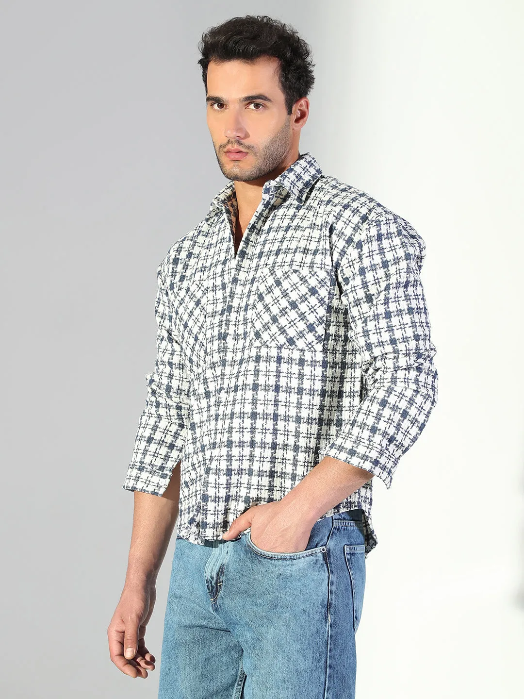 Comfortable Layer No Slip Shoulder Design Men's Textured Checked Blue Shacket