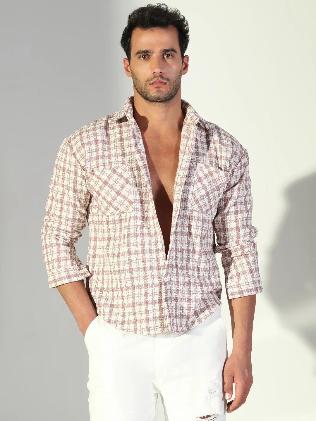 Flattering Design Casual Design Men's Textured Checked Pink Shacket