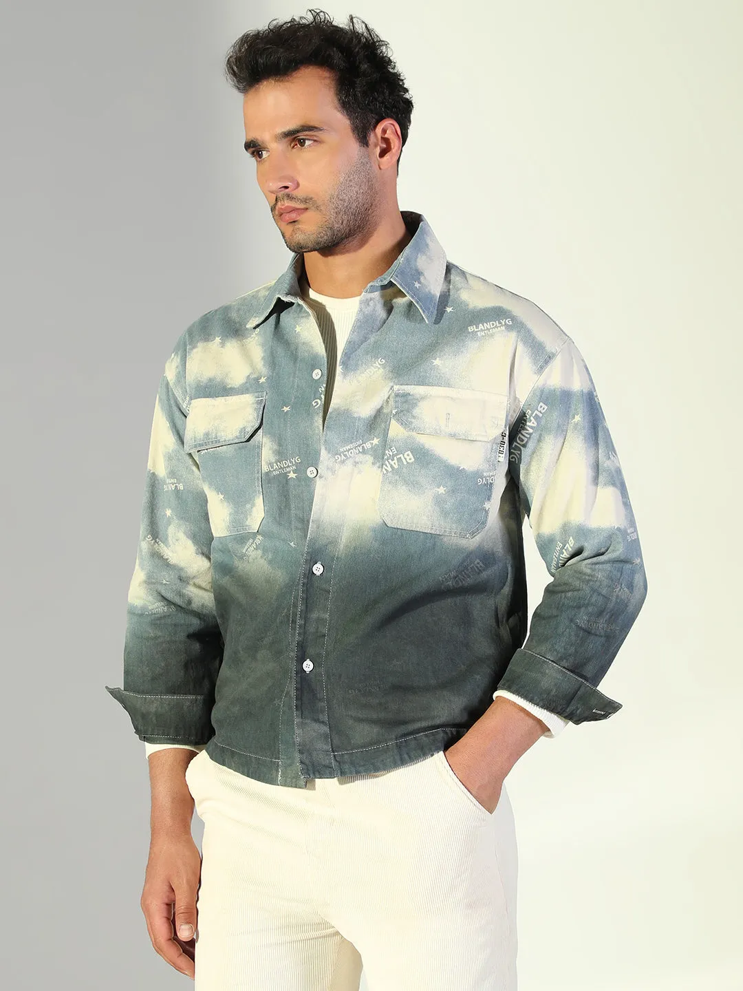 Non Restrictive Silhouette Men's Tie and Dye Blue Shacket