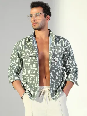 Trendy Layering Men's Typography Grey Shacket