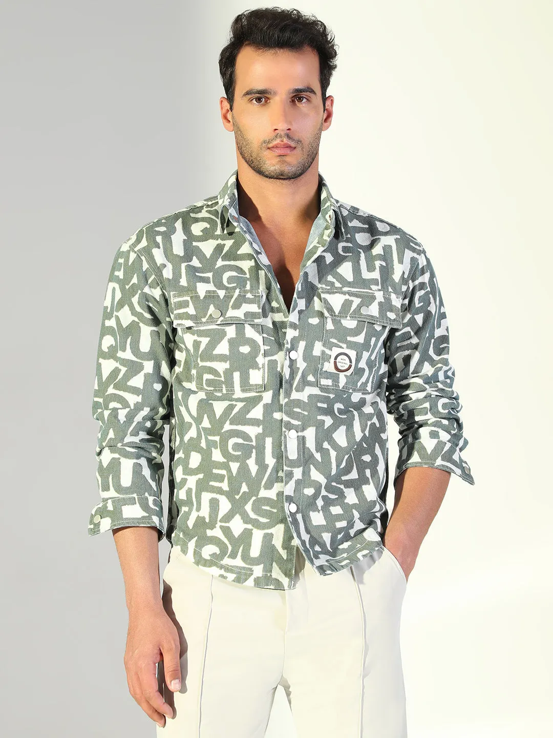 Men's Typography Grey Shacket Breathable Performance