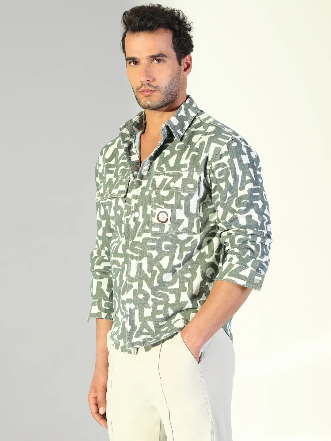 Men's Typography Grey Shacket Flattering Design