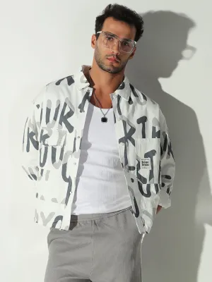 Men's Typography White Oversized Shacket High Density Weave Feminine Touch