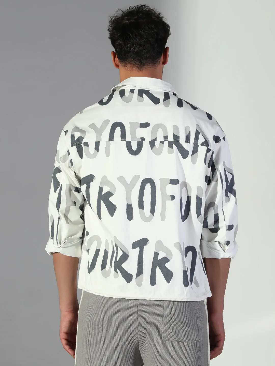 Men's Typography White Oversized Shacket Casual Must-Have Cashmere combination