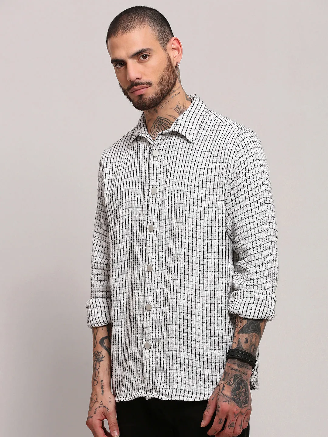 Soft Touch Men's White Checked Casual Shacket
