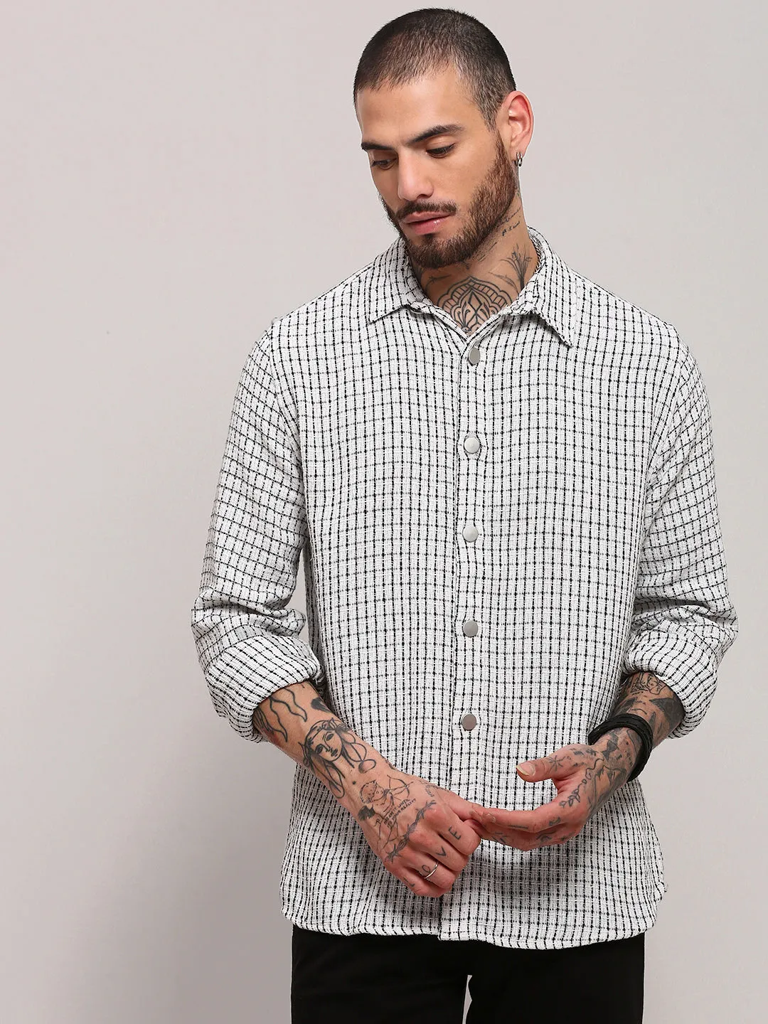 Sport Performance Fit Men's White Checked Casual Shacket