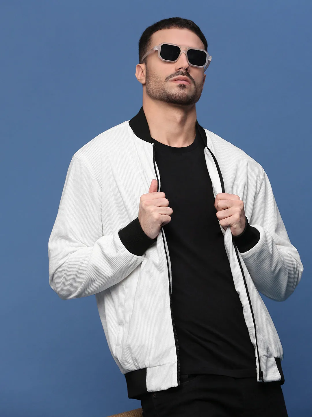 Casual Fit Layer Easy Care Finish Men's White Corduroy Windcheater Bomber Jacket