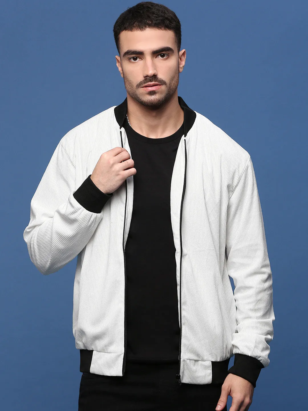 Two Tone Design Fashion Event Men's White Corduroy Windcheater Bomber Jacket