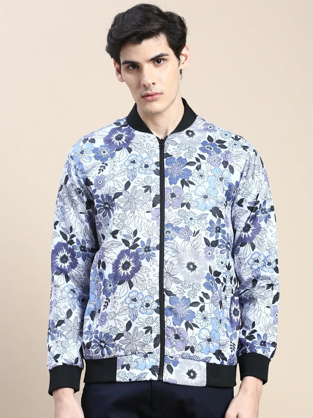 Men's White Floral Casual Bomber Jacket Cool Tone Faux Fur Collar