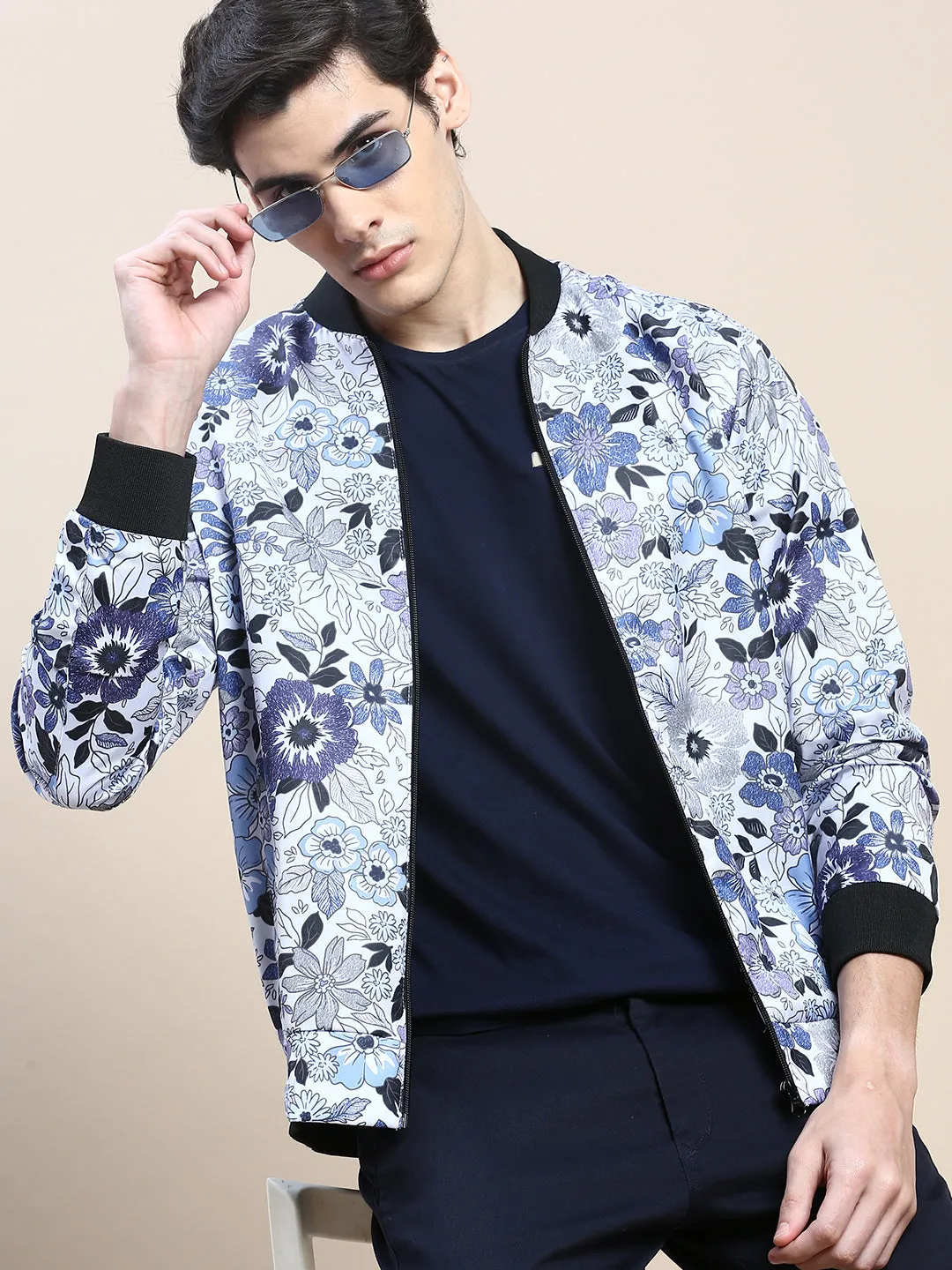 Heat Sealed Seams Ergonomic Drape Men's White Floral Casual Bomber Jacket