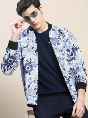 Heat Sealed Seams Ergonomic Drape Men's White Floral Casual Bomber Jacket