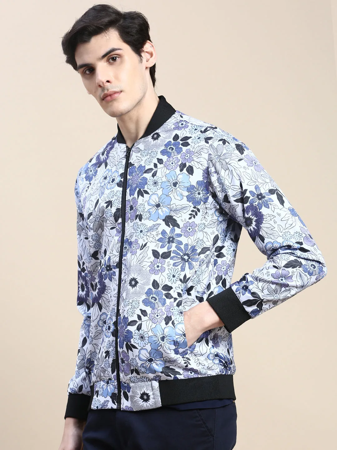 Soft Cover Sport Inspired Style Men's White Floral Casual Bomber Jacket