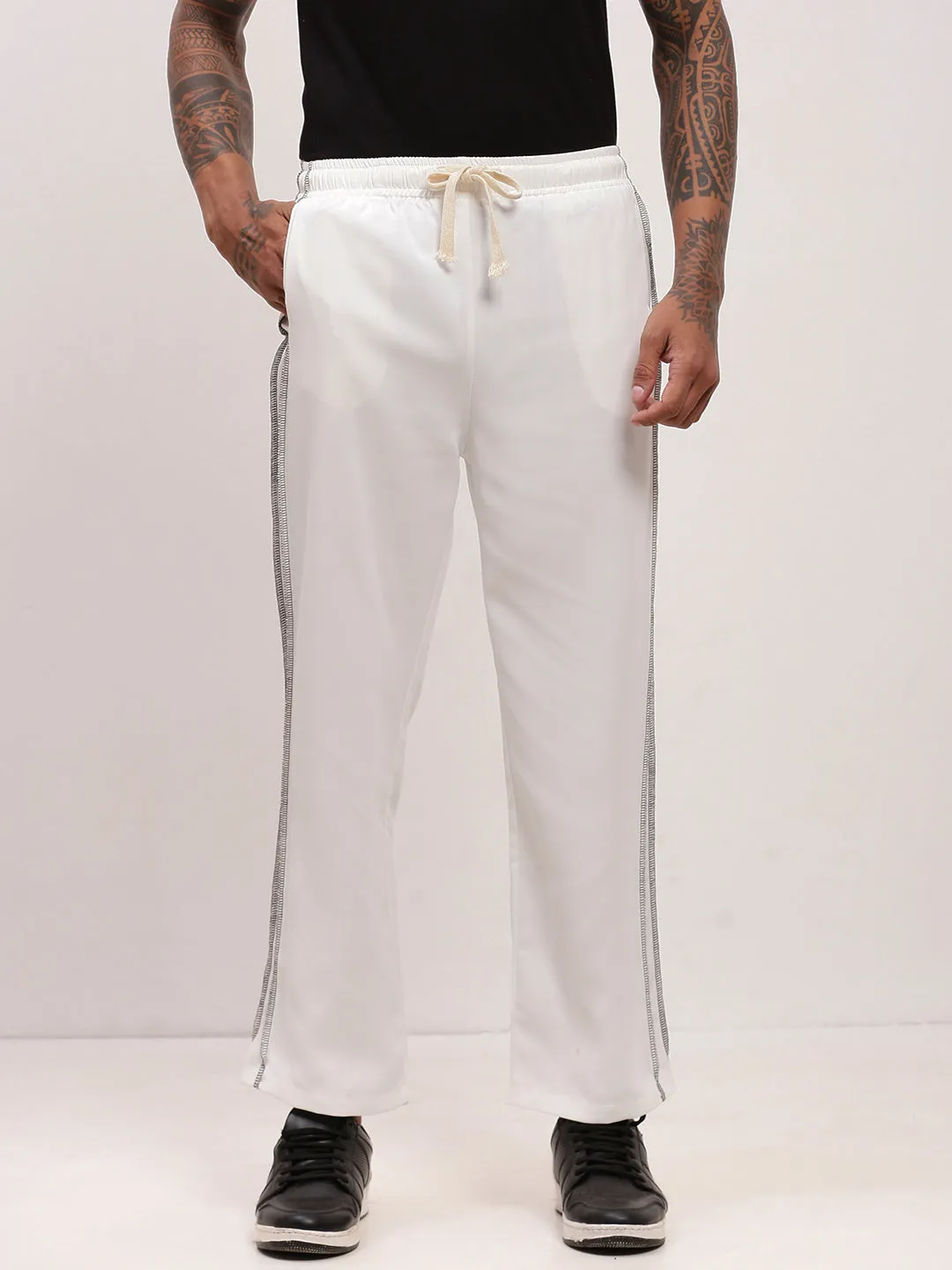 Weekend Wear Men's White Straight Fit Low-Rise Trousers
