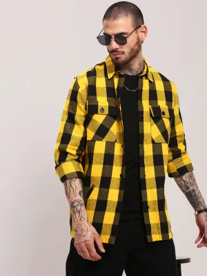 Men's Yellow Buffalo Checked Relaxed Fit Cotton Casual Shacket Chic Outfit Fit for All Seasons