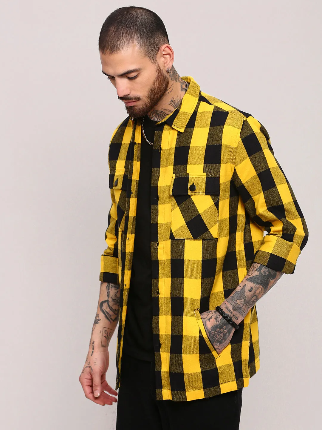 Men's Yellow Buffalo Checked Relaxed Fit Cotton Casual Shacket Sleek Fit Distressed Hem Finish