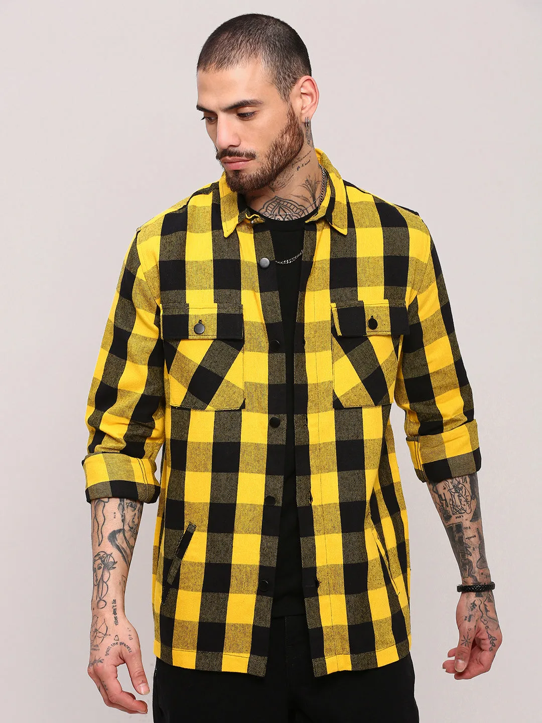 Men's Yellow Buffalo Checked Relaxed Fit Cotton Casual Shacket Breathable Stretch Fit Chilly Comfort Wear
