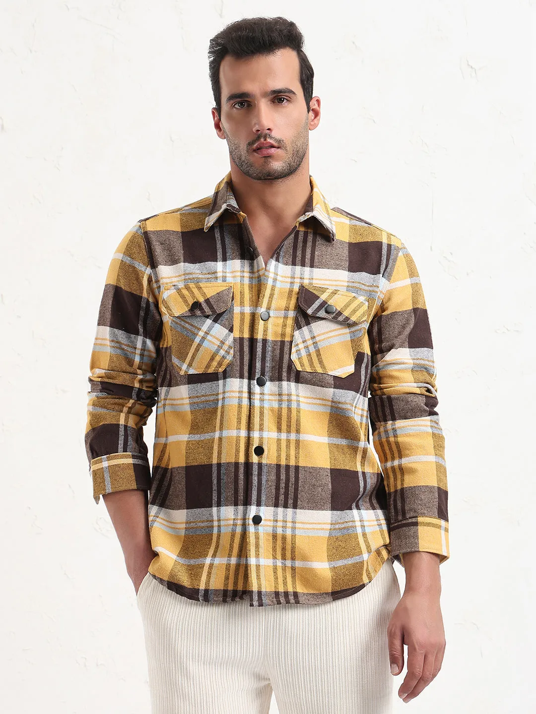 Comfortable And Versatile Men's Yellow Checked Slim Fit Shacket