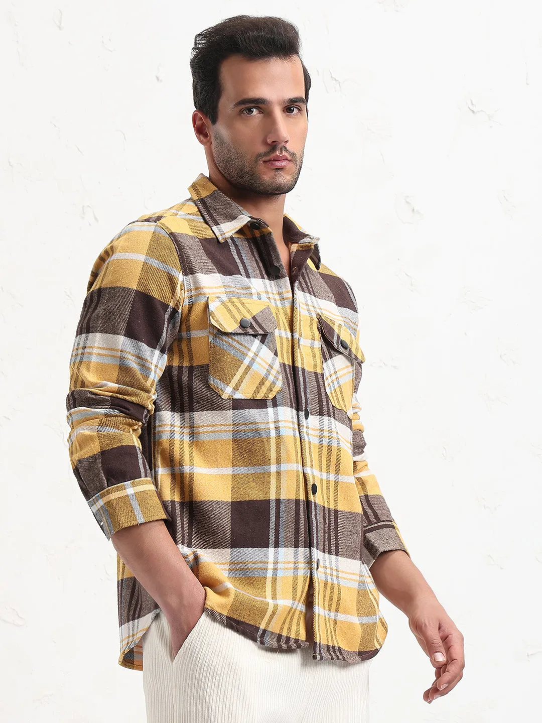 Sporty Chic color blocking Men's Yellow Checked Slim Fit Shacket