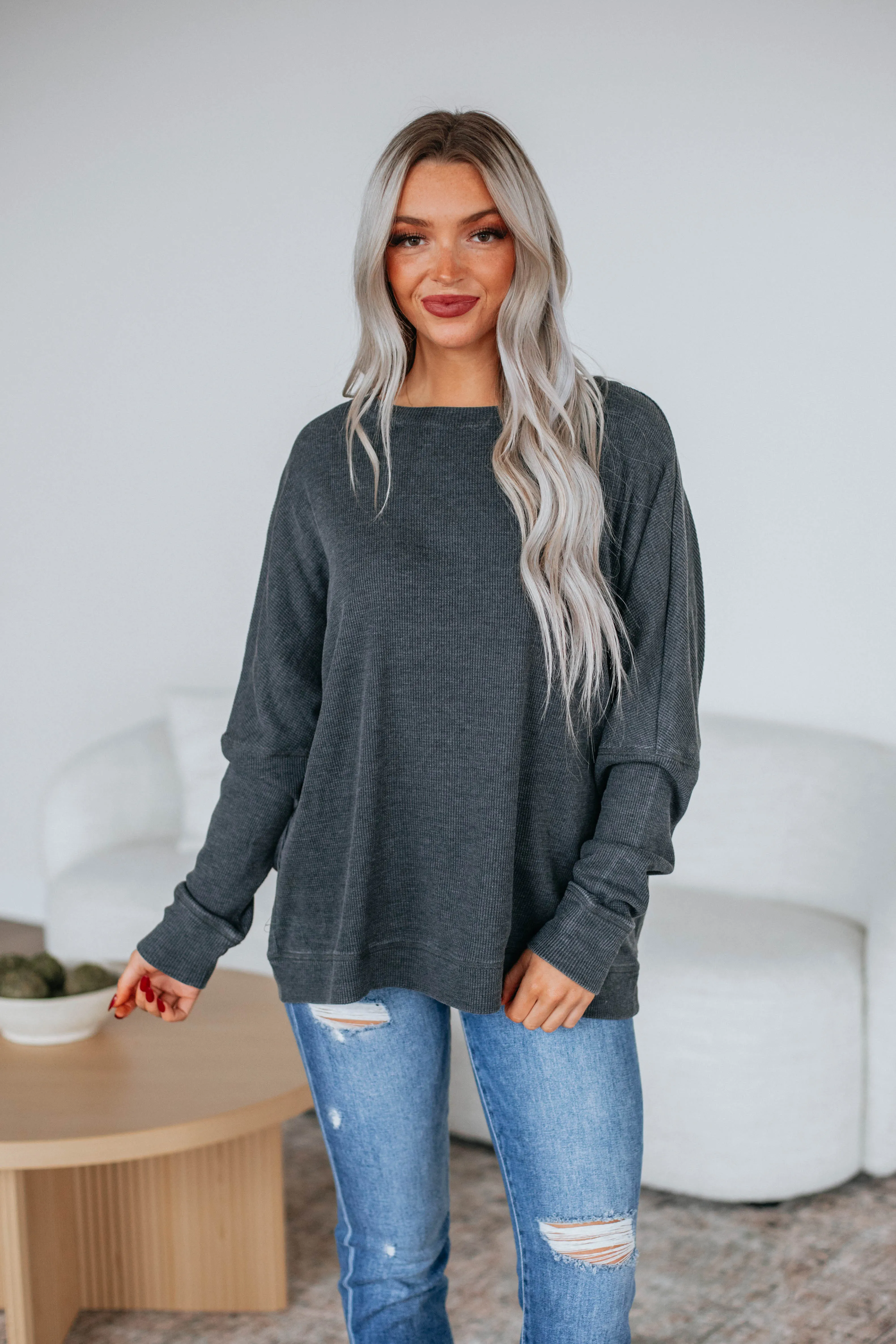 Anytime Fit Casual Wear Breah Waffle Knit Top - Vintage Black