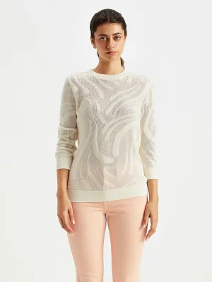 Women's Self Design Off-White Crew Neck Sweater Sweater Pilling Prevention Tips Essential Comfort