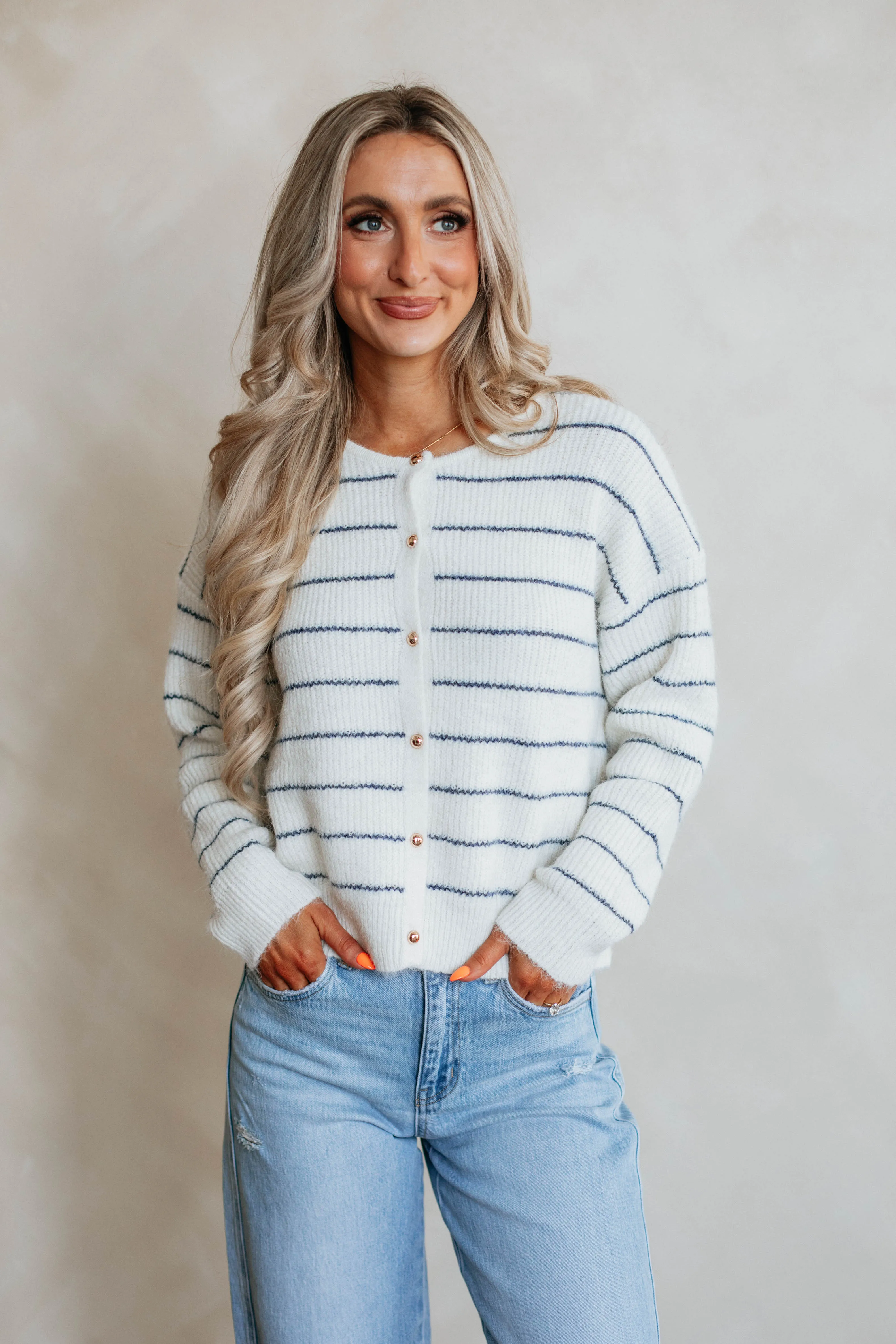 Multi purpose design Circular Knit Sustainability Guide Taysha Striped Cardigan