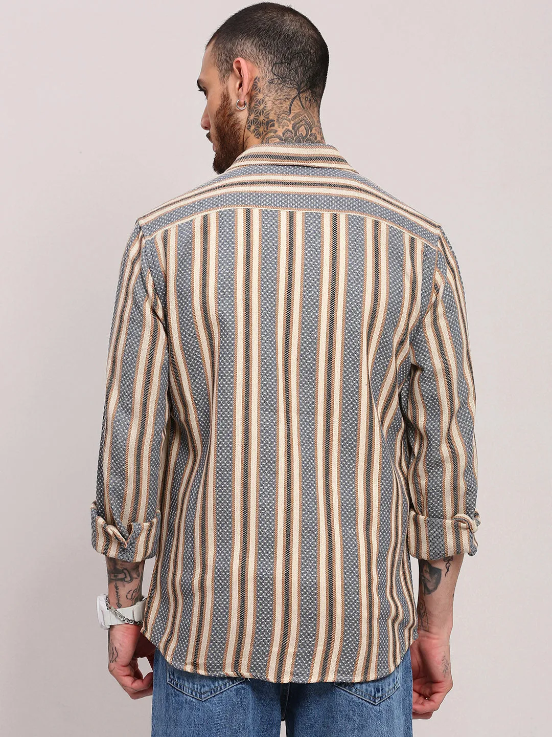 Men's Beige Spread Collar Striped Slim Fit Shacket TaglessDesign
