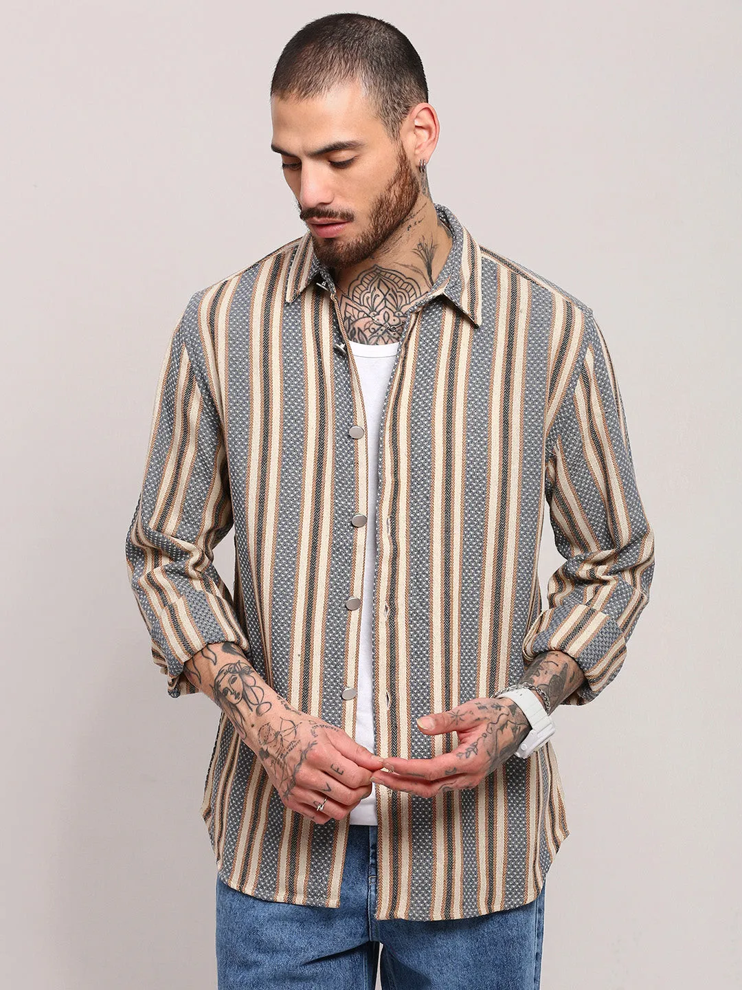 Men's Beige Spread Collar Striped Slim Fit Shacket Simple and Cozy Sporty Layer Look