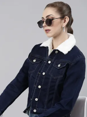 Abrasion Resistant Edges Women's Navy Blue Crop Denim Jacket With Faux Fur