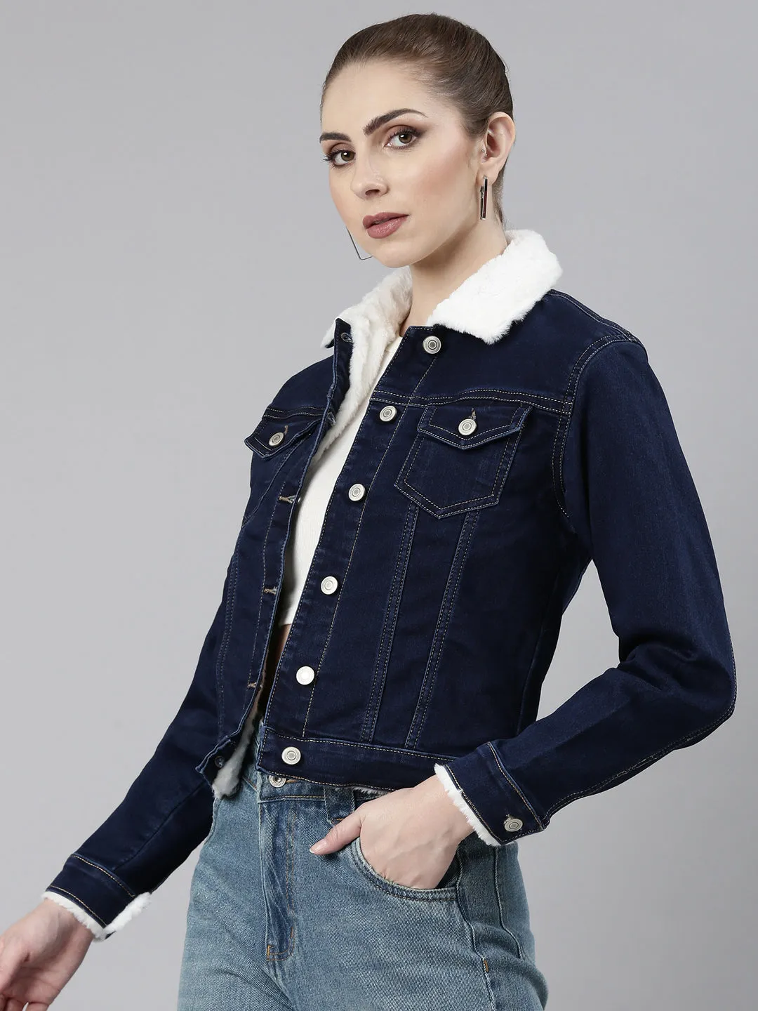 Women's Navy Blue Crop Denim Jacket With Faux Fur LowProfileStitching Matte Finish