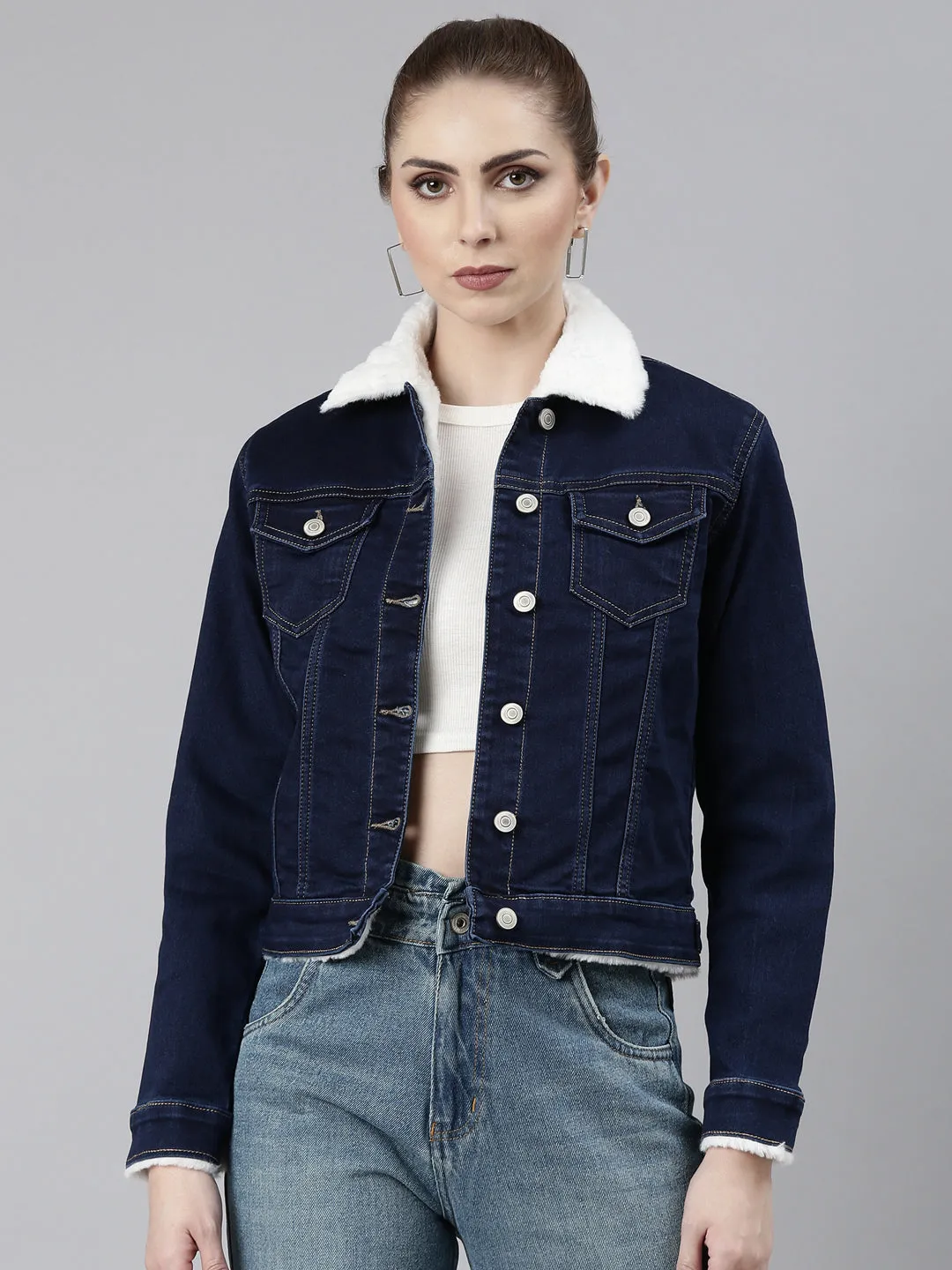 FoldableStructure No Roll Collar Technology Women's Navy Blue Crop Denim Jacket With Faux Fur