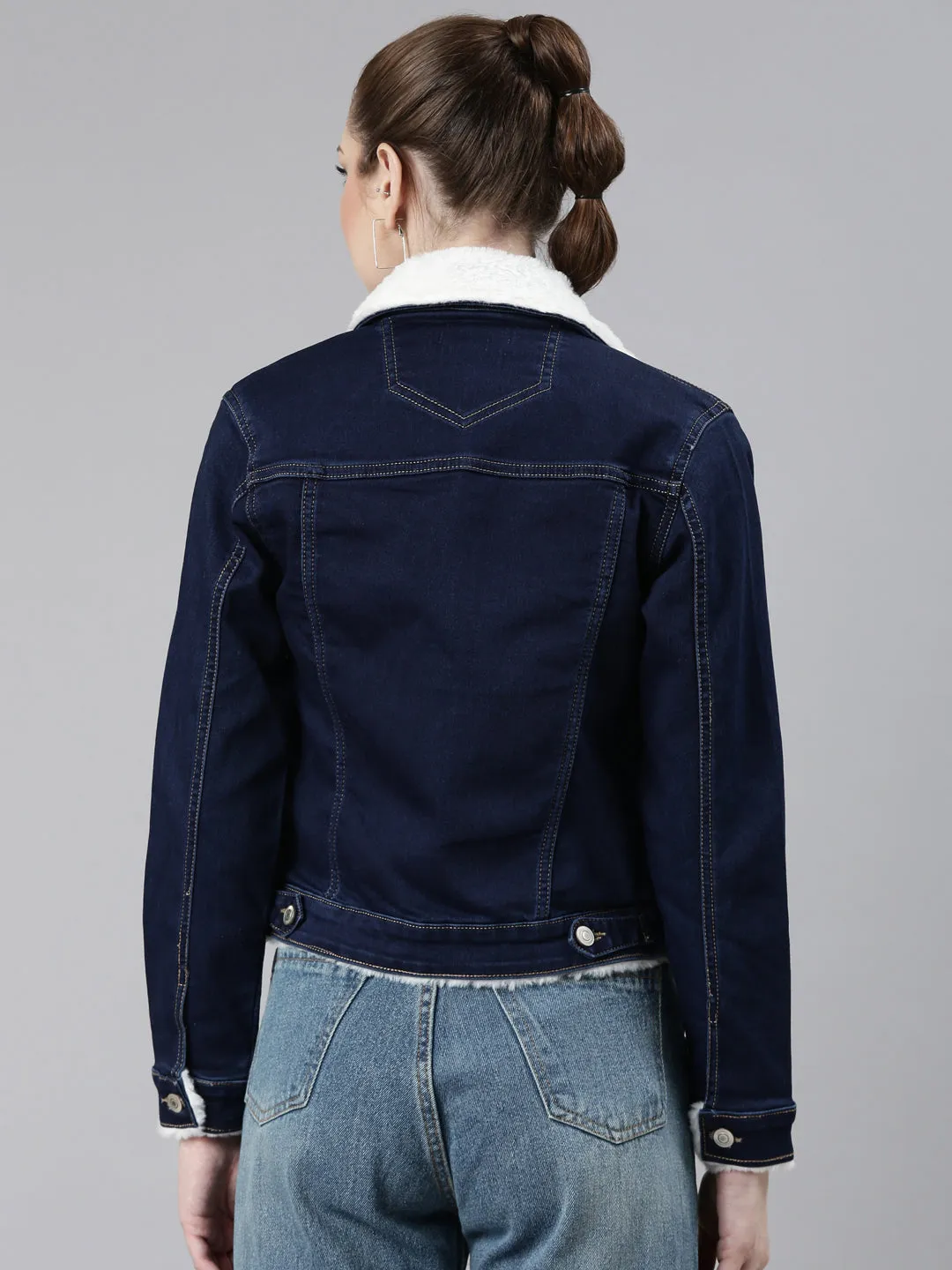 Women's Navy Blue Crop Denim Jacket With Faux Fur Windproof Inner Layer