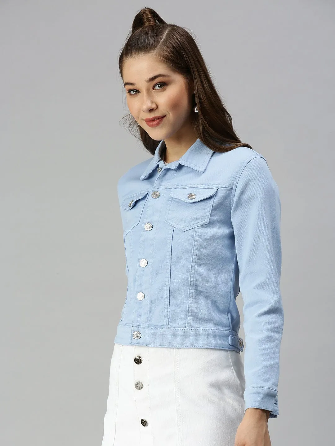 Sunday Walk Style Women's Spread Collar Long Sleeves Blue Denim Jacket