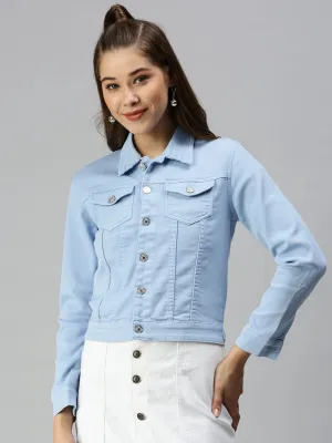 Women's Spread Collar Long Sleeves Blue Denim Jacket ThermalInsulation