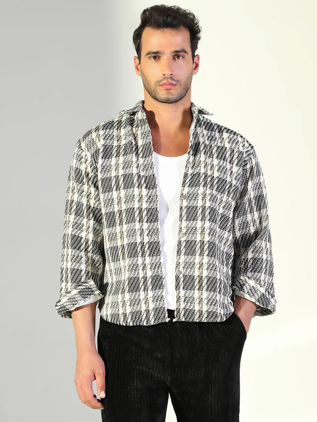 Men's Checked Black Shacket Classic Crew Neck