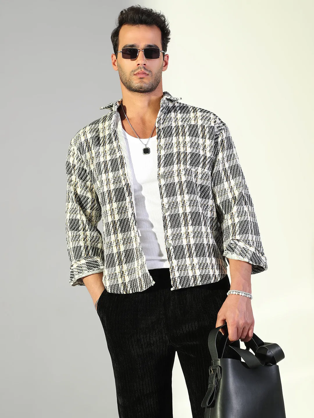 Slim Fit Design Men's Checked Black Shacket