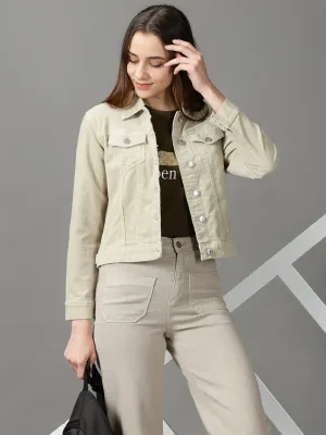 Short Length ReflectiveDetails Women's Sea Green Corduroy Crop Denim Jacket