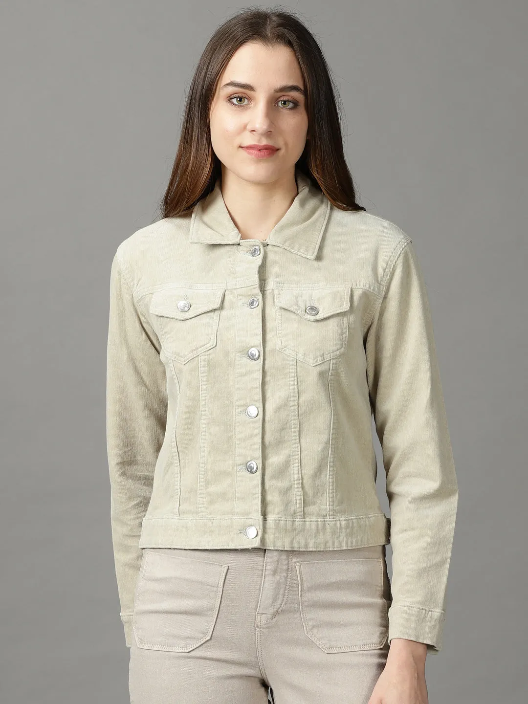 Casual Trend Women's Sea Green Corduroy Crop Denim Jacket