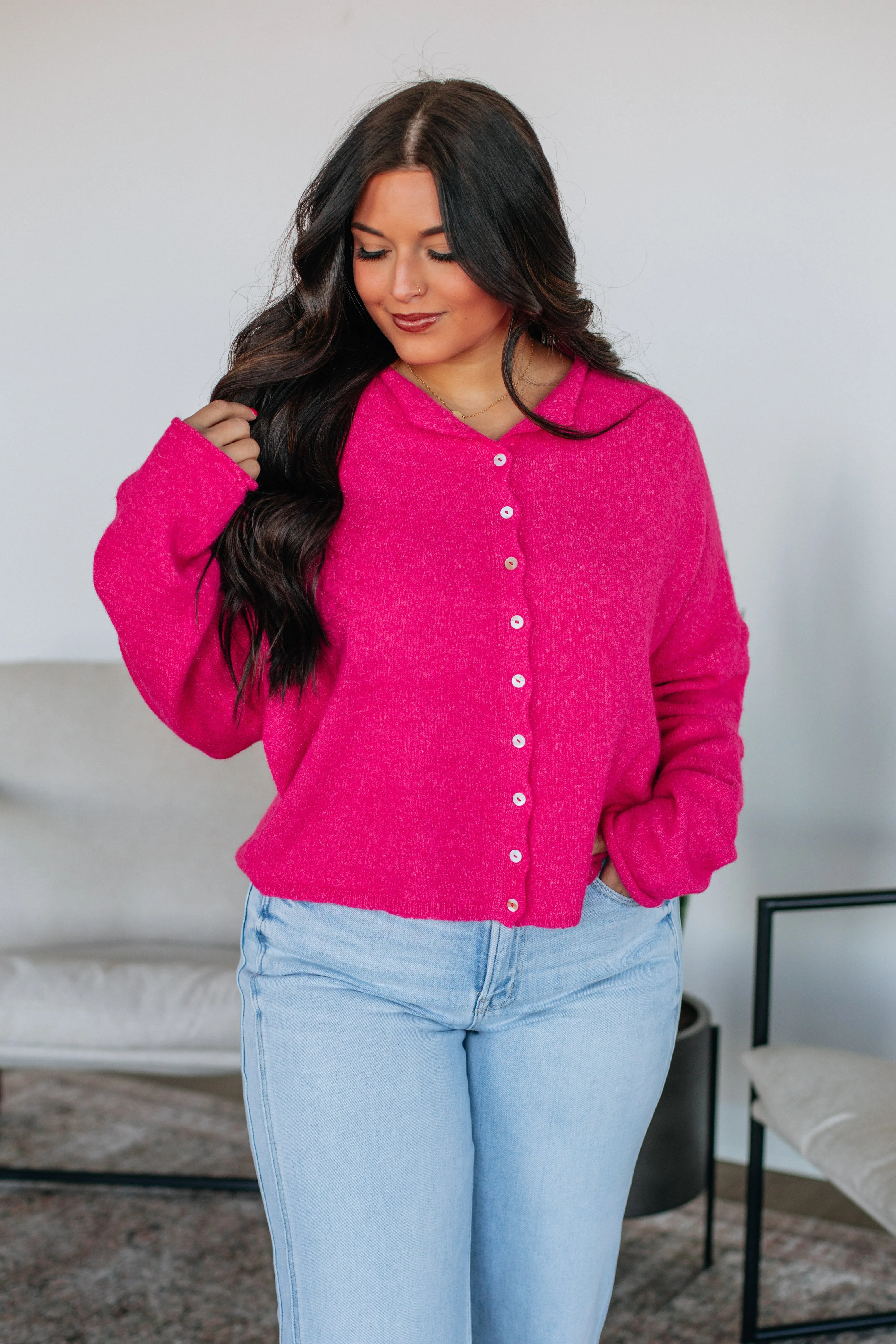 Brooke Cardigan - Fuchsia Ribbed Hem Detail Textured Weave