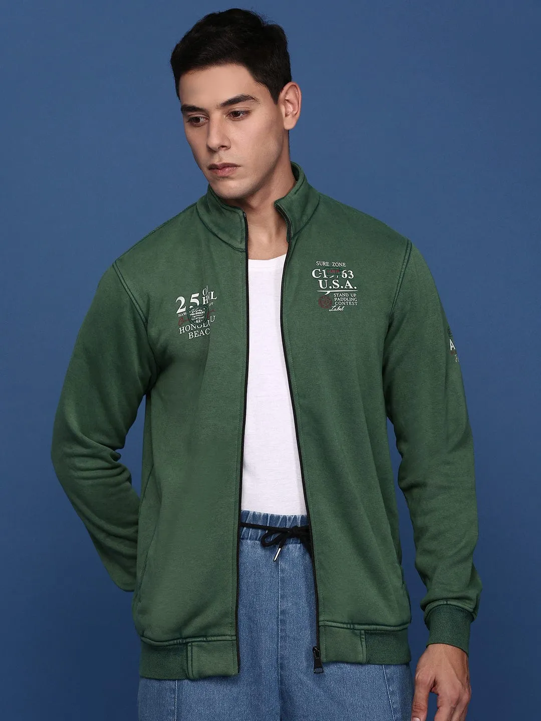 Modern Drop Tail Hem Men's Solid Green Bomber Jacket