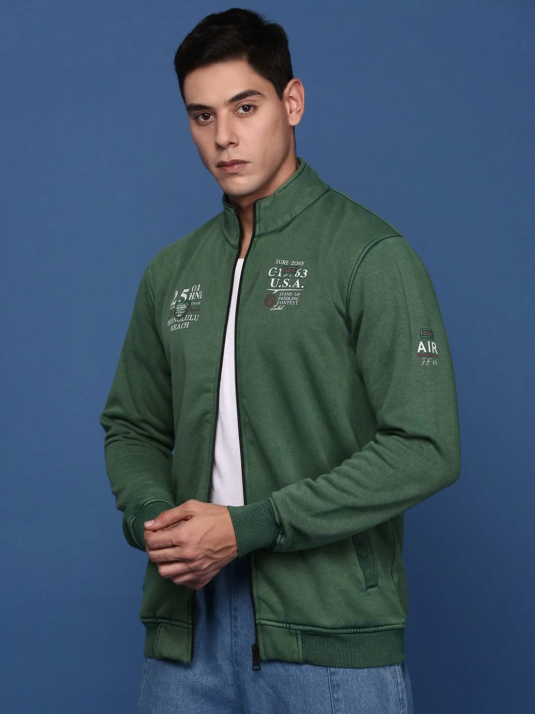 Men's Solid Green Bomber Jacket Durable Zipper Stretch Enhanced Mobility Zones