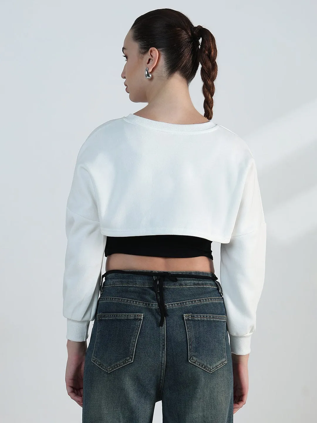 Cozy And Warm Warm Comfort Women's Graphic White Crop Sweatshirt with Wrap Detail