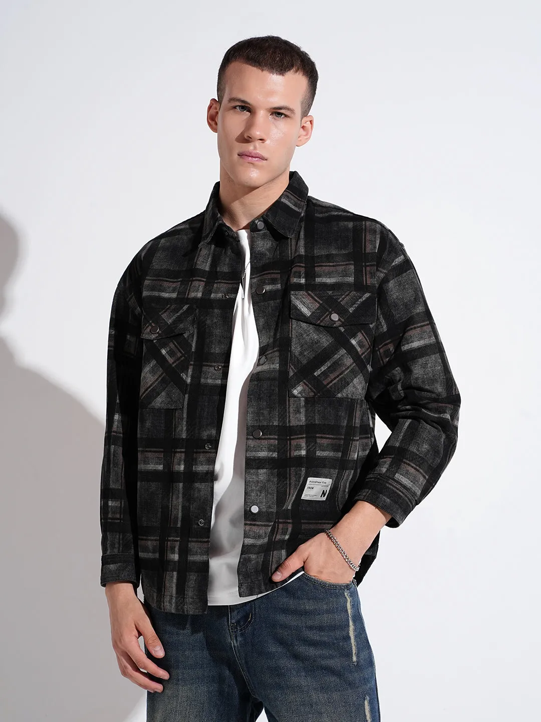 Moisture Wicking Fabric Versatile Piece Men's Checked Black Shacket